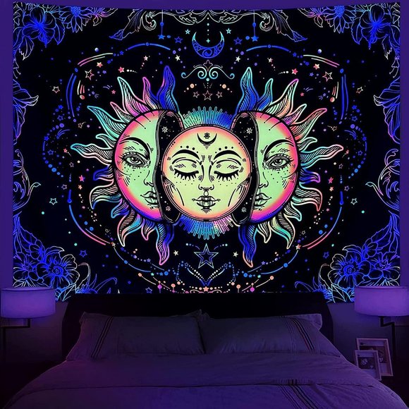 XL Black and White Sun Moon Hippie Celestial Bohemian Wall Tapestry - Picture 9 of 9